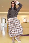 Roberta Plaid Brushed Cotton Balloon Hem Skirt Camel